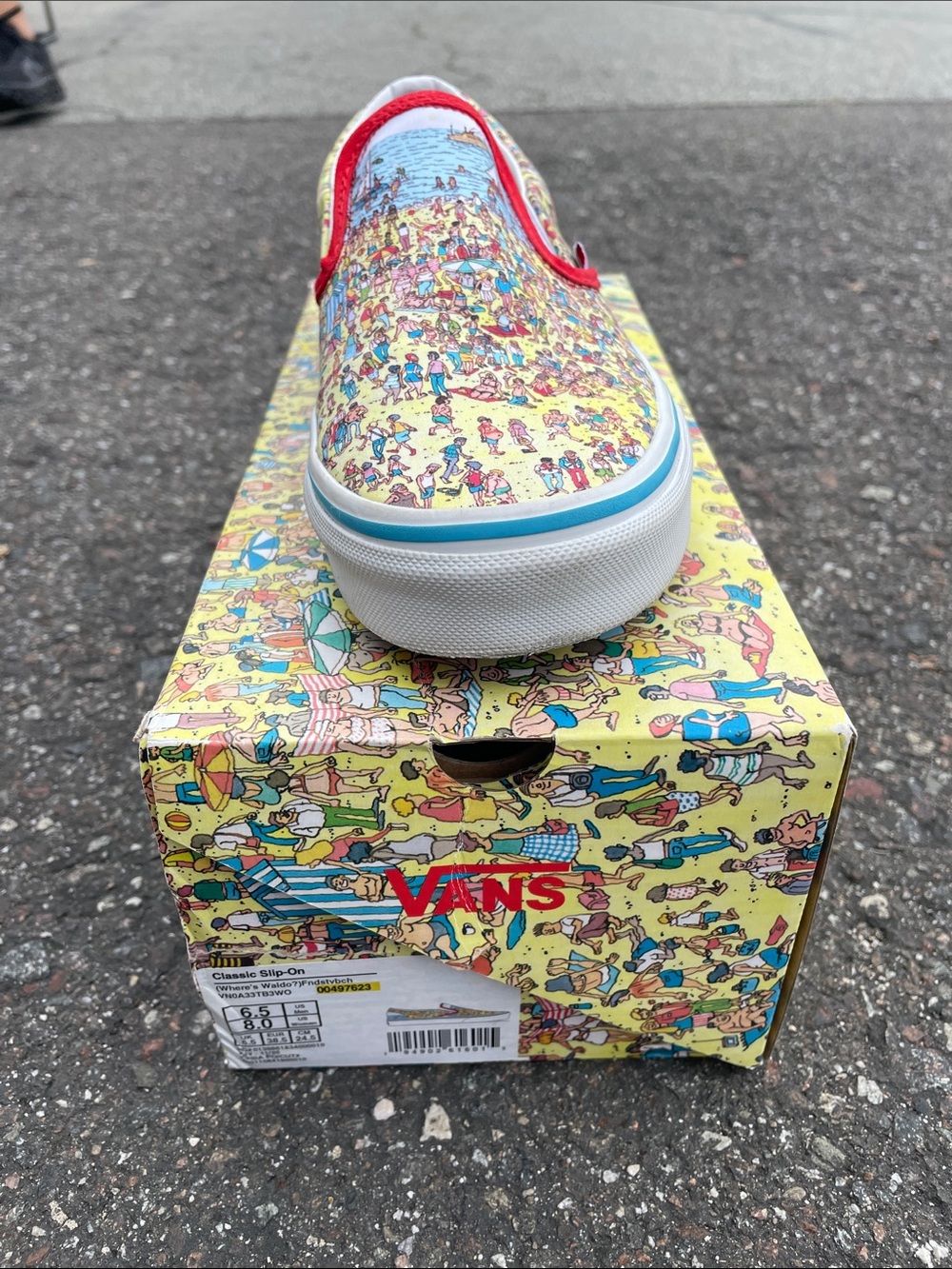 Vans Slip-On with Yellow Beach Crowd Print and Red Trim